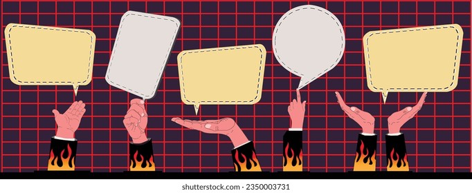 Hand poses with fire on sleeves holding speech bubble with hot red background vector illustration isolated design 