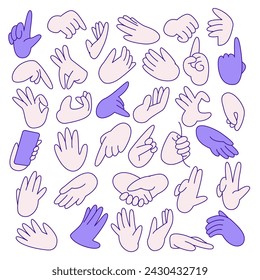 Poses y gestos con la mano. Estilo de dibujos animados planos sosteniendo y señalando gestos. Conjunto de palmas y muñecas de dibujos animados. Comunicación o conversación con emoticonos para mensajeros y animación.