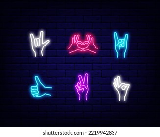 Hand poses neon icons collection. Cool, ok and heart forms. Pop art style. Shiny effect banner. Pictograms set on brick wall. Luminous label. Editable stroke. Vector illustration