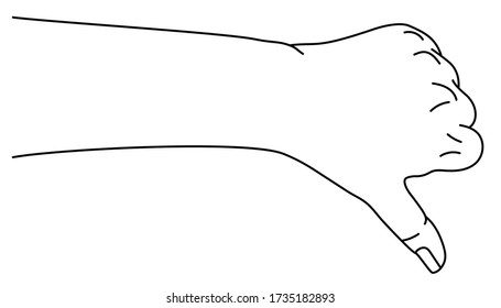 Hand position with gesture of pointing thumb down. Concept of gesture of rejection, disapproval or condemnation in sign language. Vector illustration in outline style isolated on white background.