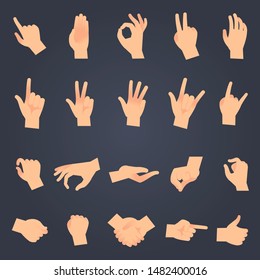 Hand position set. female or male hands holding gesture opening somethin and touching pose vector isolated showing different sign symbol objects