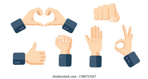 Hand position set. Hand gestures icons in cartoon flat style. Thumb up, stop, ok, hand fist symbols. Vector illustration