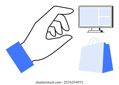 Hand is positioned as if pinching, with visible computer screen and shopping bag. Ideal for online shopping, e-commerce, digital marketing, user interface design, and retail technology. Outline