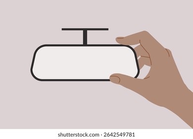 A hand positions a rearview mirror for the best possible reflection, customizable stroke, vector, illustration