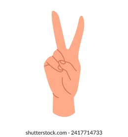 A hand with a positive gesture of victory. A sign with the hand of peace gesture. The concept of love for the world. Body language. Vector illustration in a flat style, isolated on a white background