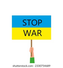 Mano con afiche detienen la guerra contra la bandera de ucrania. Picket. Mano con un afiche de fondo blanco.