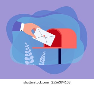 Hand of postman putting letter or envelope into open mailbox. Courier delivering mail flat vector illustration. Correspondence, communication, profession, newsletter concept for banner, website design