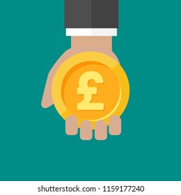 Hand with pound sterling coin. Vector flat illustration on blue. Give, receive, take, earn money. Financial success, salary, investment, dividend. Currency, pay