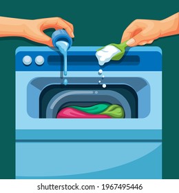 Hand pour liquid and detergent to washing machine. laundry instruction symbol illustration vector