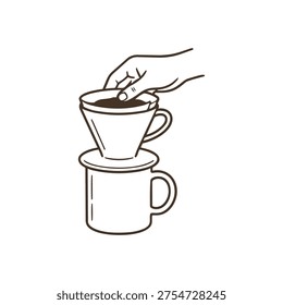 Hand pour over coffee dripper on mug line icon. Coffee preparation process vector illustration.