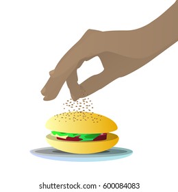 Hand to pour  seeds on a sandwich. on a white background. Illustration for your design.