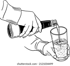 Hand pouring Beer Barman Hand drawn line art illustration