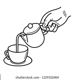 Hand pouring black hot tea from the teapot into the cup. Vector flat outline icon illustration isolated on white background.