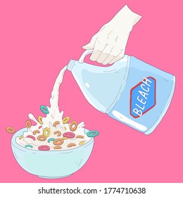 Hand Pouring Bleach In Cereal Bowl, Funny Ironic And Awkward Funny Illustration, Sweet Pastel Color Palette