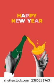 Hand pouring champagne. Hand with glass of champagne or wine. Poster Happy New Year. Сelebrating an event. New Year or Christmas party. Modern halftone collage. Retro newspaper elements.