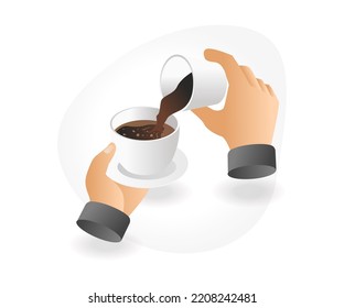 Hand pouring coffee mixture with glass in isometric flat illustration