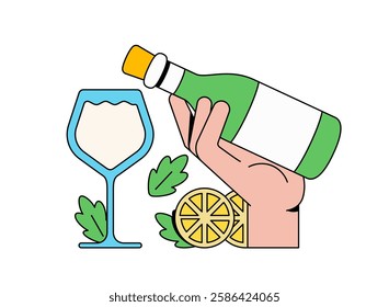 A hand pouring a drink from a bottle wine into a glass, symbolizing celebration and enjoyment cartoon hand drawn illustration vector