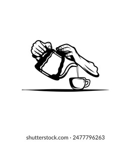 mano verter una bebida de una tetera en una taza de Ilustración vectorial blanca y negra