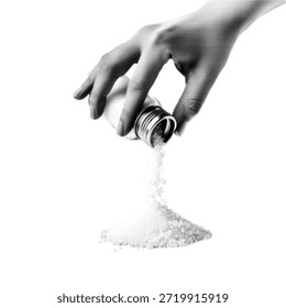 Mano vertiendo polvo fino de una Pequeña botella, ilustración en blanco y negro de semitono. Estilo retro mínimo que simboliza flujo, control, medición o pérdida aislado sobre fondo blanco.