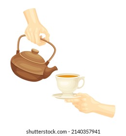 Hand pouring hot black tea from clay teapot into cup vector illustration