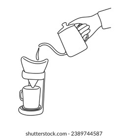Hand pouring hot water on coffee ground with fillter illustration vector hand drawn isolated on white background