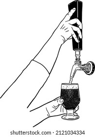 Hand pouring Lager Beer tab Hand drawn line art illustration