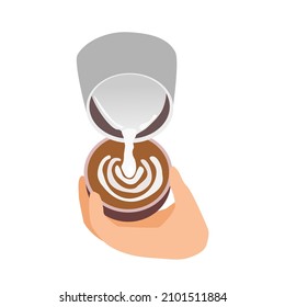 Hand pouring milk to make coffee latte.Fresh milk flows from a stainless steel cup onto the coffee in a ceramic cup.hand holding coffee cup.Isolated vector illustration on a white background.