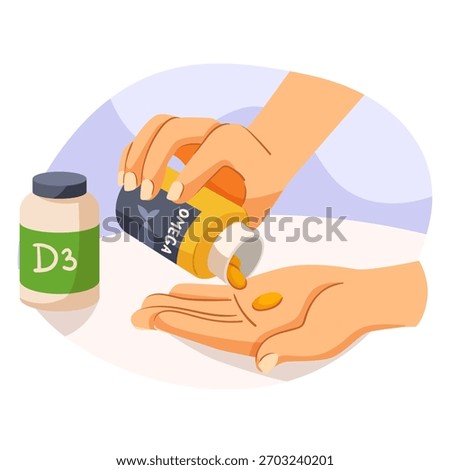 Hand pouring omega capsules from bottle, vitamin D3 container nearby, flat style, on white background. Concept of health and supplements. Vector illustration