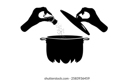 hand pouring salt into a saucepan, lid black isolated silhouette