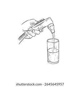 Uma mão despejando um refrigerante em um copo. Ilustração em preto.