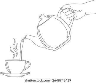 Mão derramando chá ou café de bule na ilustração de arte da linha da xícara