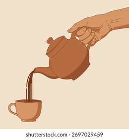 Mão derramando chá de uma chaleira em uma xícara, um momento de relaxamento e prazer
