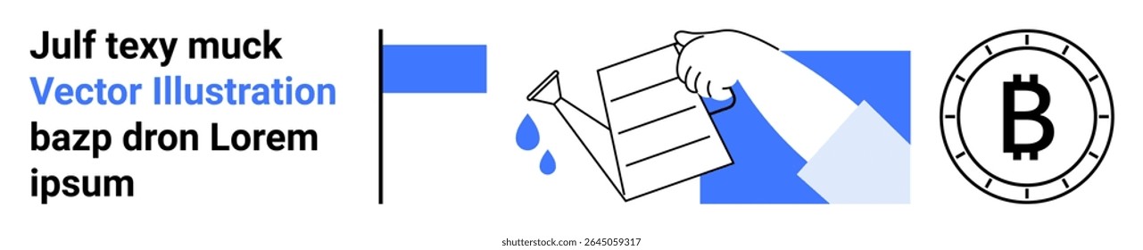 Hand pouring water from a container onto a document, drops falling, Bitcoin symbol inside a circle. Ideal for concepts thumbs up investment, growth, finances, blockchain, nurturing, care, renewal