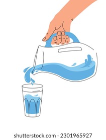 Agua vertida a mano de la jarra en vidrio. Ilustración vectorial aislada en fondo blanco. Estilo plano. Contenedor reutilizable para líquidos, balance de agua.