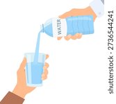 Hand pouring water from plastic bottle into a glass. Water balance, drink more water concept	
