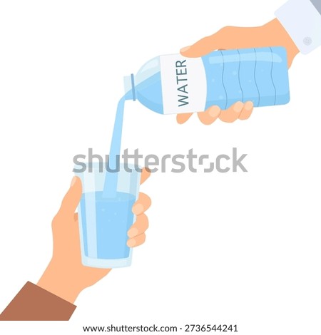 Hand pouring water from plastic bottle into a glass. Water balance, drink more water concept	
