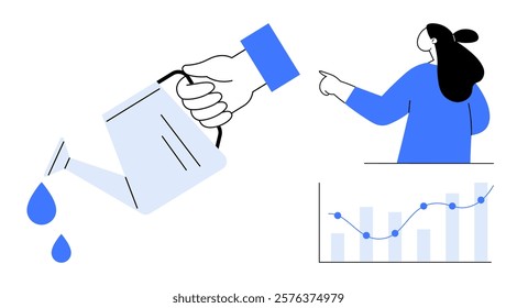 A hand pouring water from a watering can on left. Person pointing at a chart with rising bars on right. Ideal for business growth, investment, analytics, financial planning, management