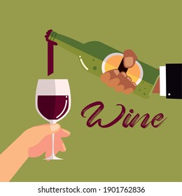 Hand Pouring Wine In Wineglass Drink, Cheers Vector Illustration