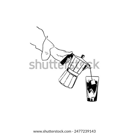 Similar – Image, Stock Photo Pouring coffee from a french press into a white cup, in front of a glass background and a stripped placemat