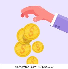 Hand pours coins Vector. Cartoon. Isolated art  
Vector. Cartoon. Isolated art 