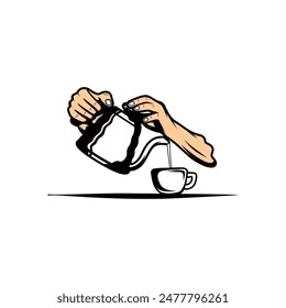hand pours drink from teapot into cup vector illustration