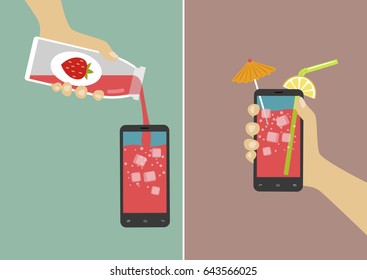 Hand pours juice into smartphone and holding it with ice cubes, umbrella and stick. Flat vector illustration
