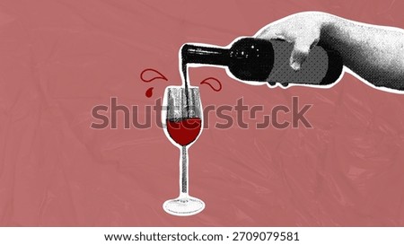 A hand pours red wine into a glass, splashing it. A trendy collage in halftones. Monochrome elements. Creative design. Concept for a celebration, romantic dinner, or wine tasting. Vector illustration