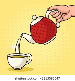 La mano tira té de la tetera a la taza pinup pop arte retro ilustración vectorial. La imitación al estilo de un libro de historietas.