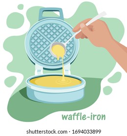 A hand pours waffle dough into a waffle iron. Baking Belgian waffles. Cartoon illustration isolated on a white background.