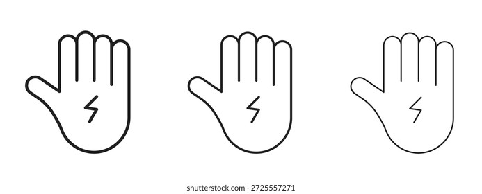 Mão com ícone de energia símbolo de linha fina no fundo branco, ilustração vetorial de traçado editável