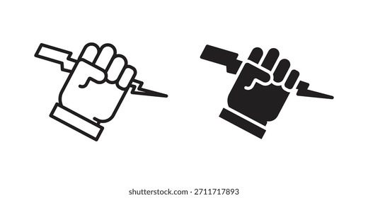 Mano con el icono de poder en estilo lineal y plano delgado. conjunto de signos y símbolos