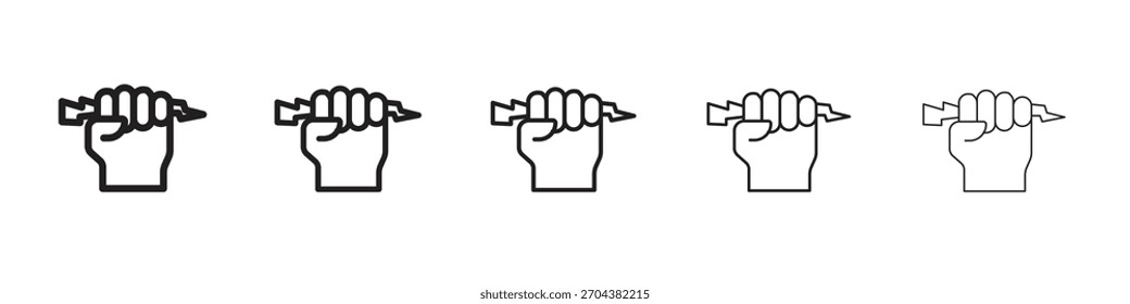 Hand with Power iconBlack linear bold and thin strokes set