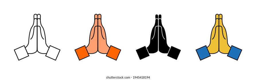 Hand with pray. Icon of namaste. Emoji for thank, sorry, please. Hand of prayer. Emoticon of hope in pray. Folded together hands for faith, church, honest. Emotion of begging. Cartoon symbol. Vector.