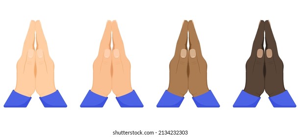 Símbolo de rezar mano, aislado en fondo blanco. Manos dobladas de varios tonos de piel conjunto de iconos vectoriales. Pasando a Dios. Fe y esperanza. Símbolo religioso.